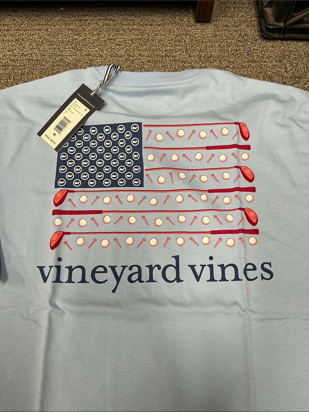 Vineyard Vines Light Blue Patriotic Flag Graphic Tee - golf theme. Men medium